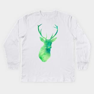 Green Deer Watercolor Portrait Kids Long Sleeve T-Shirt